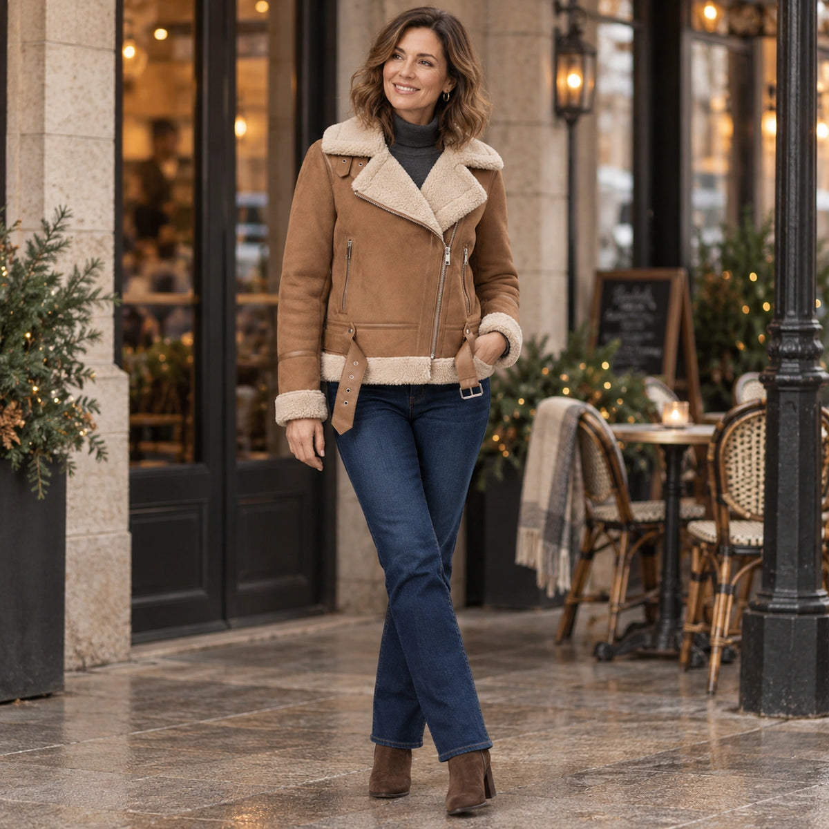 sherpa jacket — Women's Sherpa Trimmed Biker Jacket — Sophie — Brown — full outfit while standing naturally by a — view 7