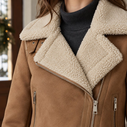 sherpa jacket — Women's Sherpa Trimmed Biker Jacket — Sophie — Brown — close up of the cream lapel and diagonal — view 9