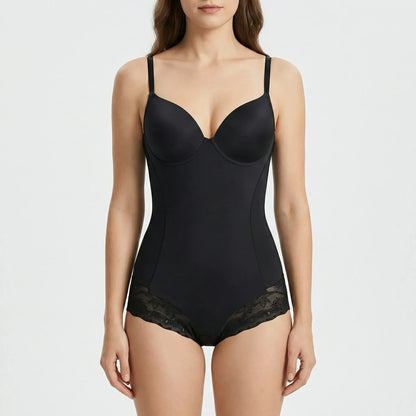 Full body shaping bodysuit with built in bust support, featuring adjustable straps and lace trim — view 4 — view 4