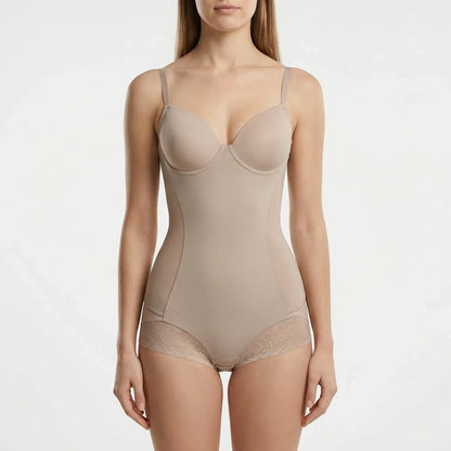 Beige full body shaping bodysuit with built in bust support, front view — 5 — view 5