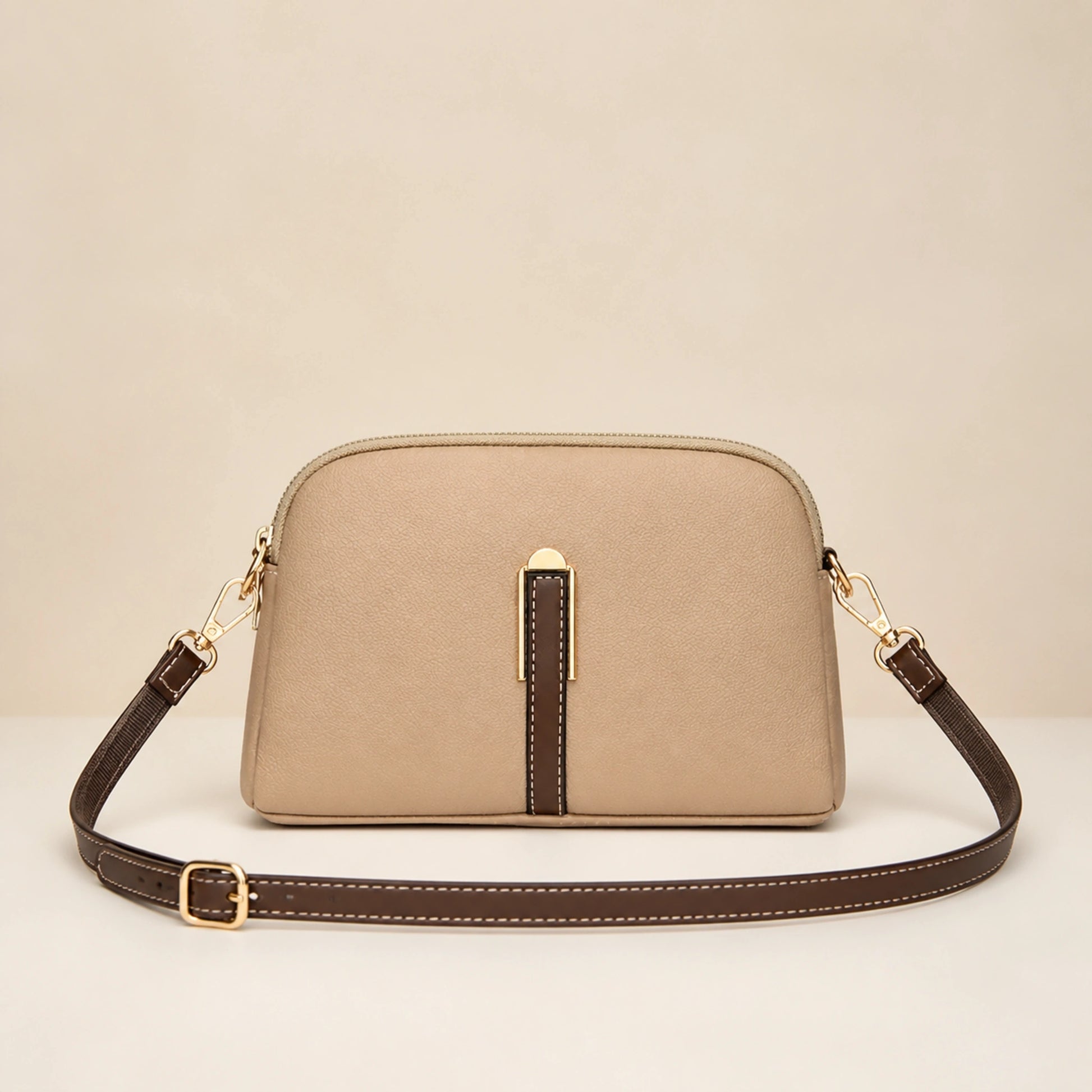 Taupe sling bag complete front view — view 4