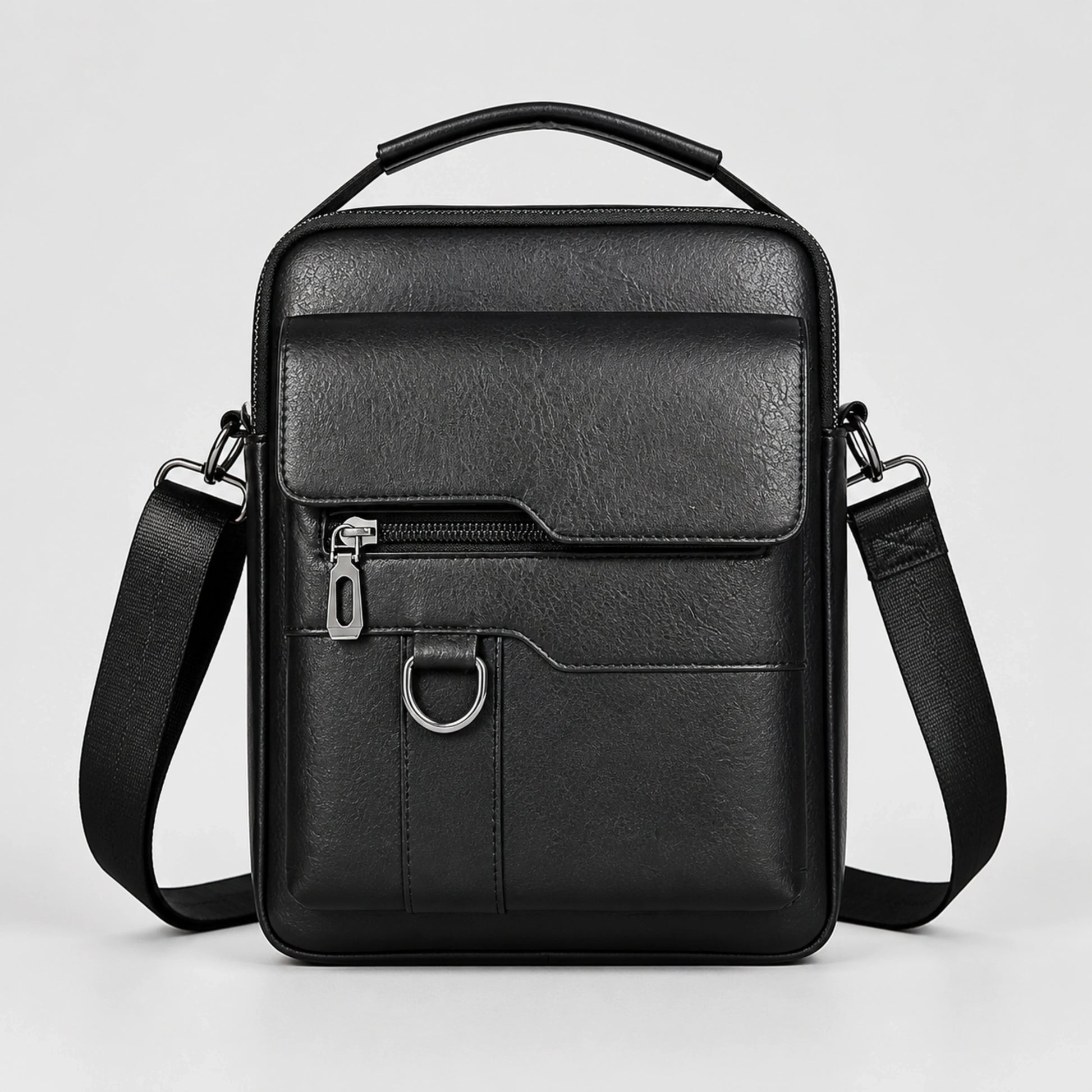 Black Vertical Flap sling bag complete front view