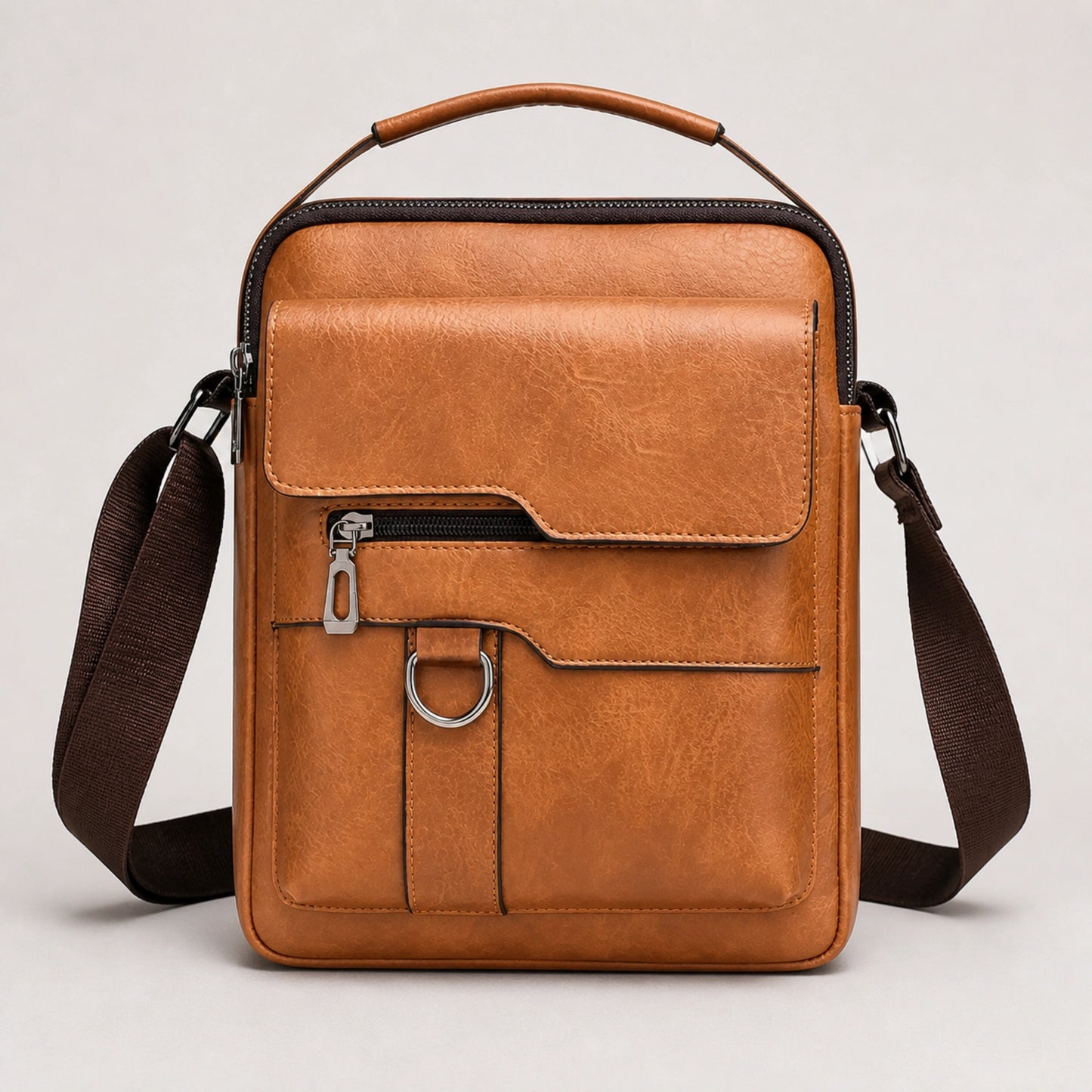 Tan Vertical Flap sling bag complete front view — view 3