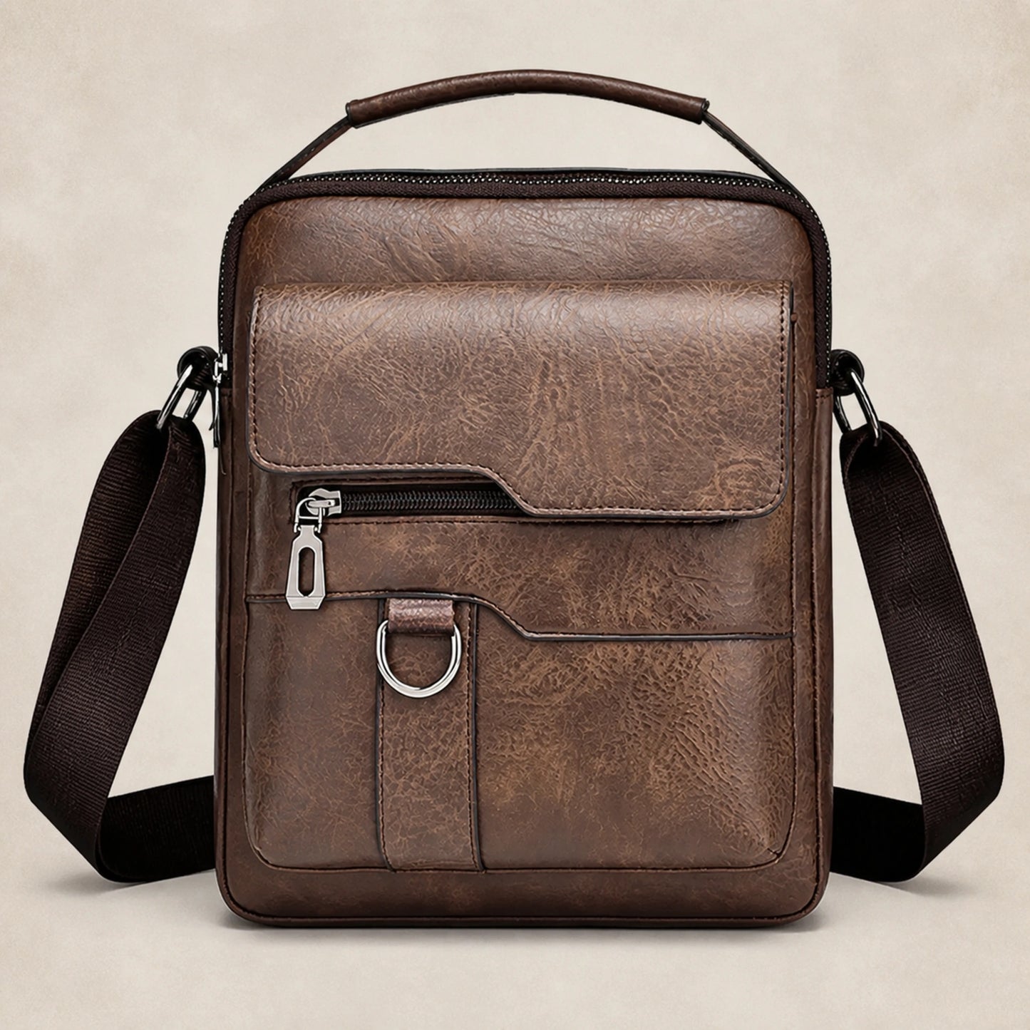 Brown Vertical Flap sling bag complete front view — view 4
