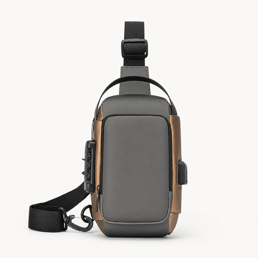 Gray hard shell chest sling bag with Gold Trim complete front view