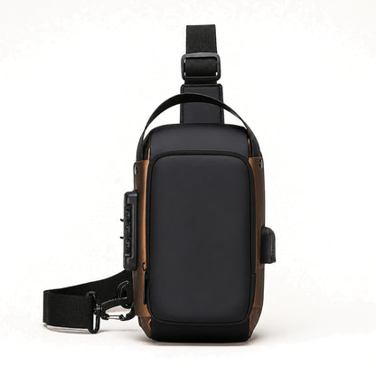 Black hard shell chest sling bag with Gold Trim complete front view — view 2
