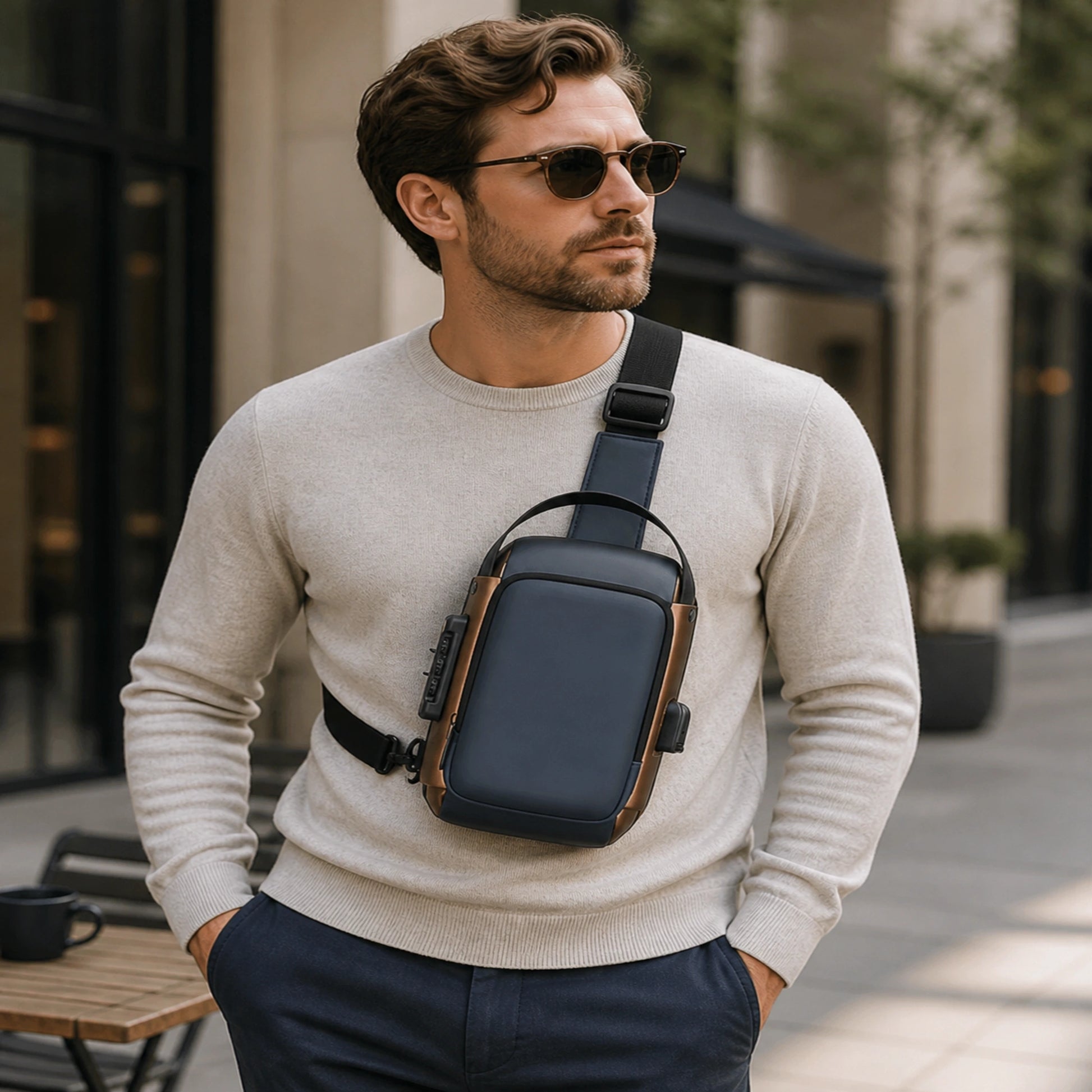 Adult man wearing Blue hard shell chest sling bag with Gold Trim — view 8