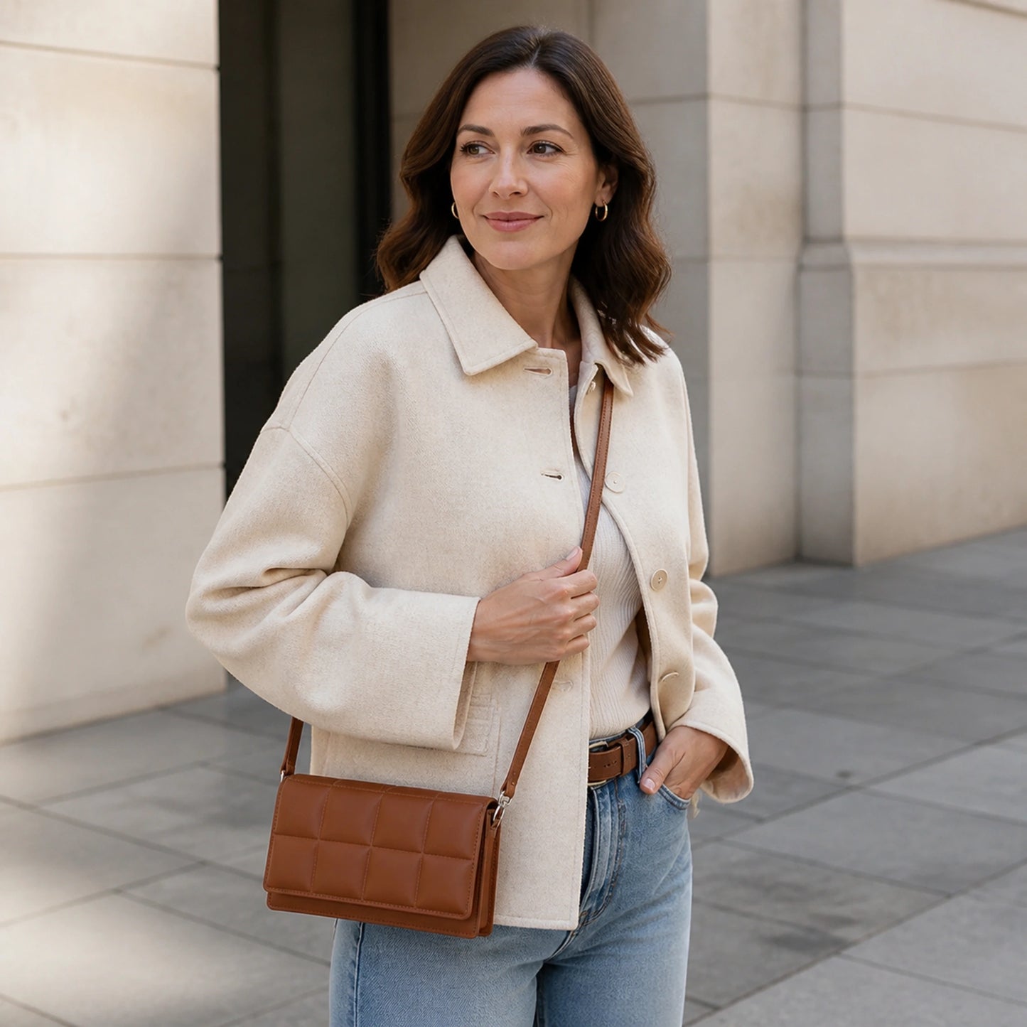 Adult woman wearing warm brown quilted sling bag — view 7
