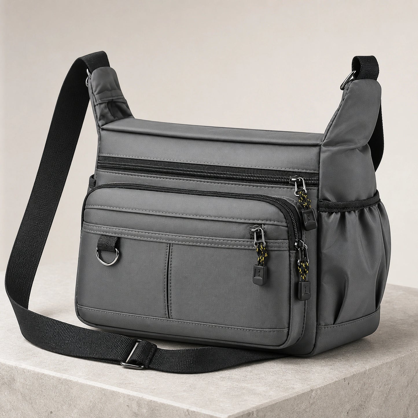 Gray multipocket crossbody sling bag complete front view