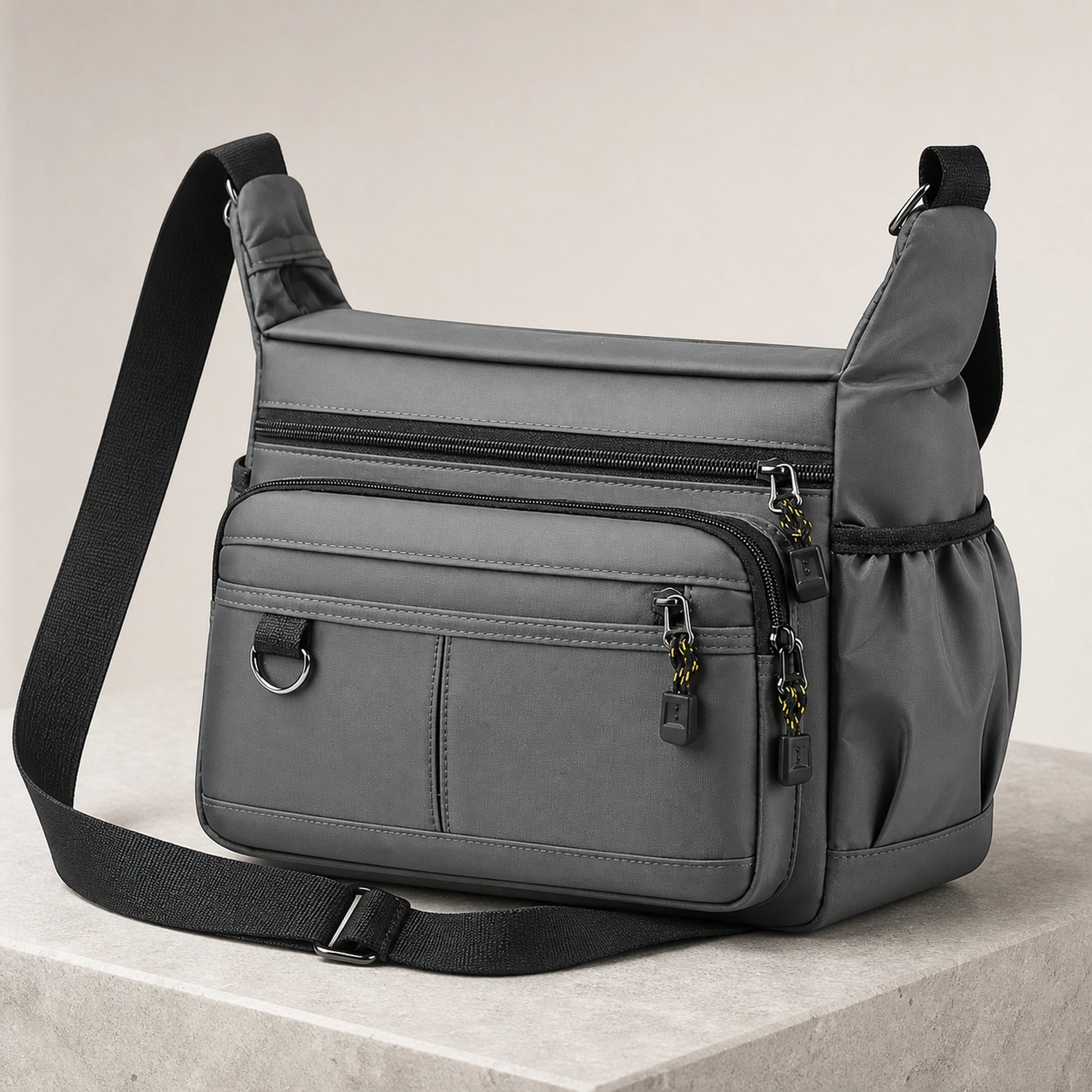 Gray multipocket crossbody sling bag complete front view