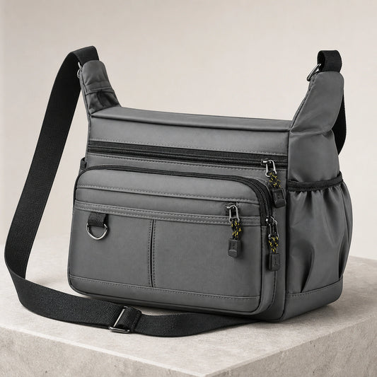 Gray multipocket crossbody sling bag complete front view