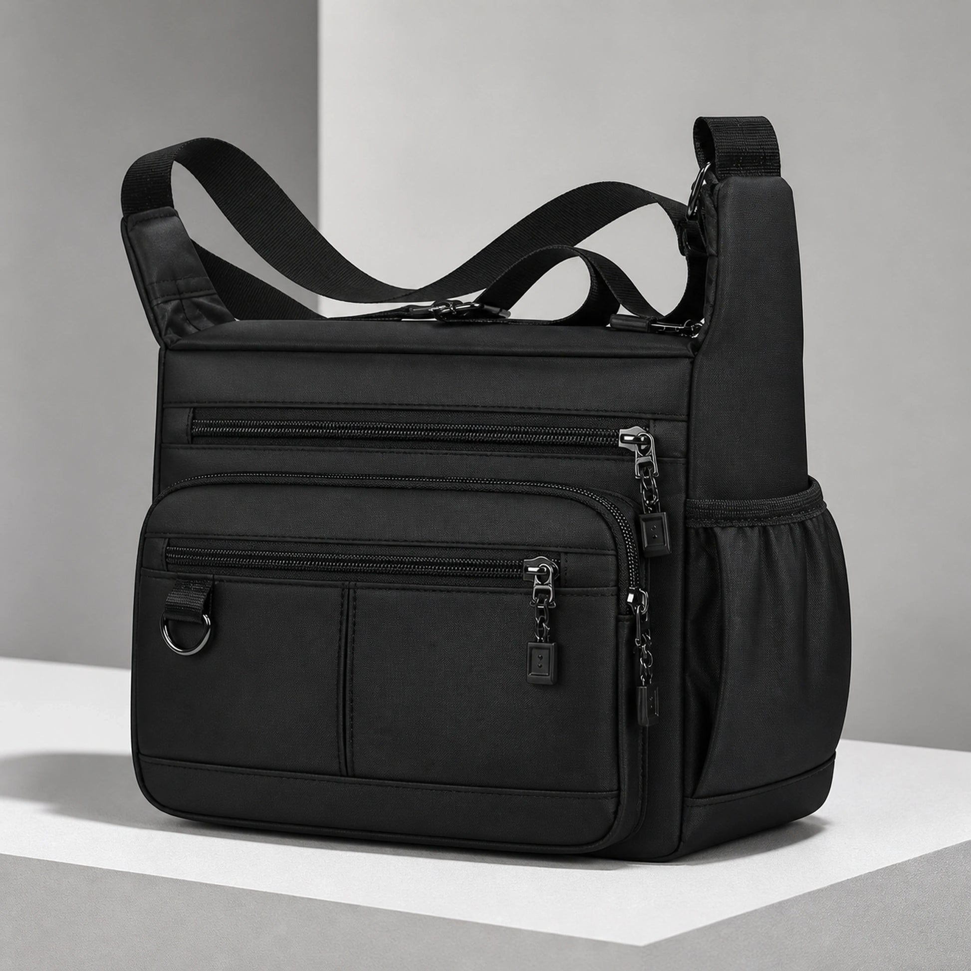 Black multipocket crossbody sling bag complete front view — view 4