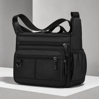 Black multipocket crossbody sling bag complete front view — view 4