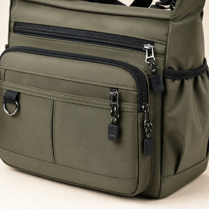 Olive Green multipocket crossbody sling bag construction detail — view 7