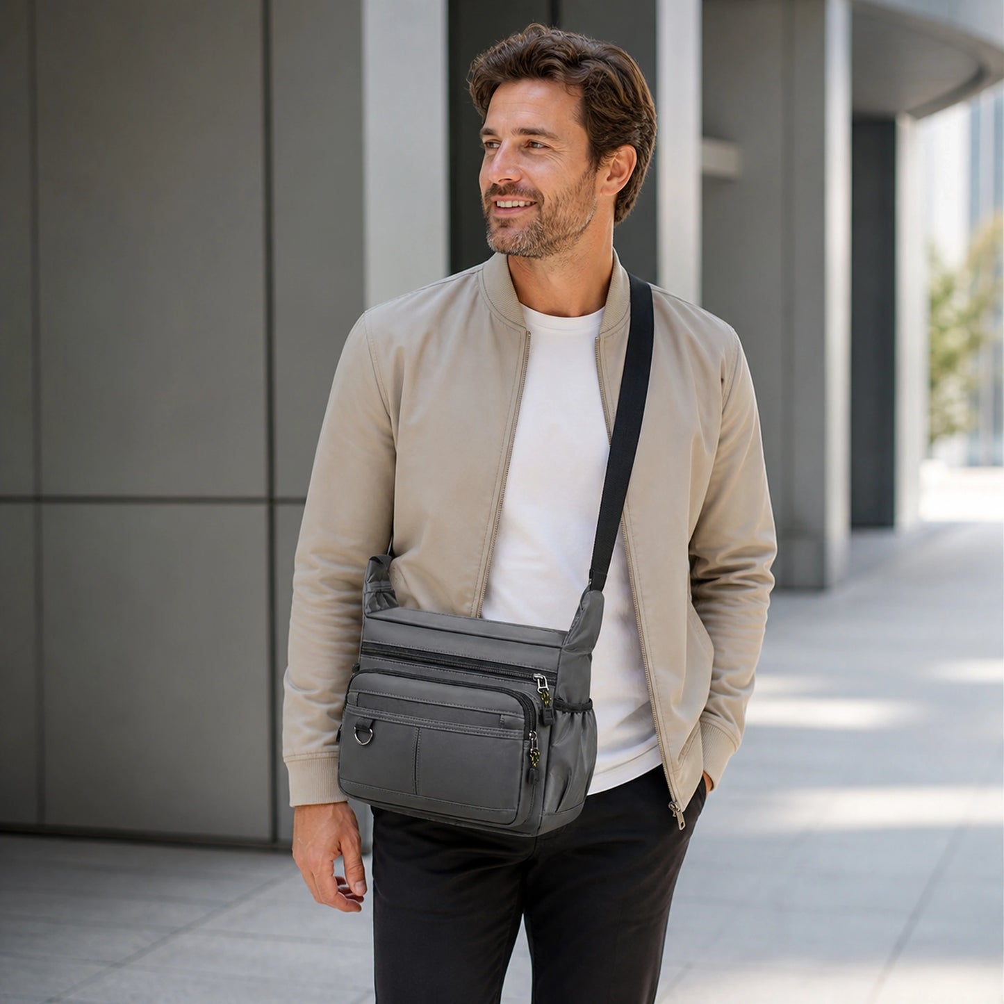 Gray multipocket crossbody sling bag adult view — view 8