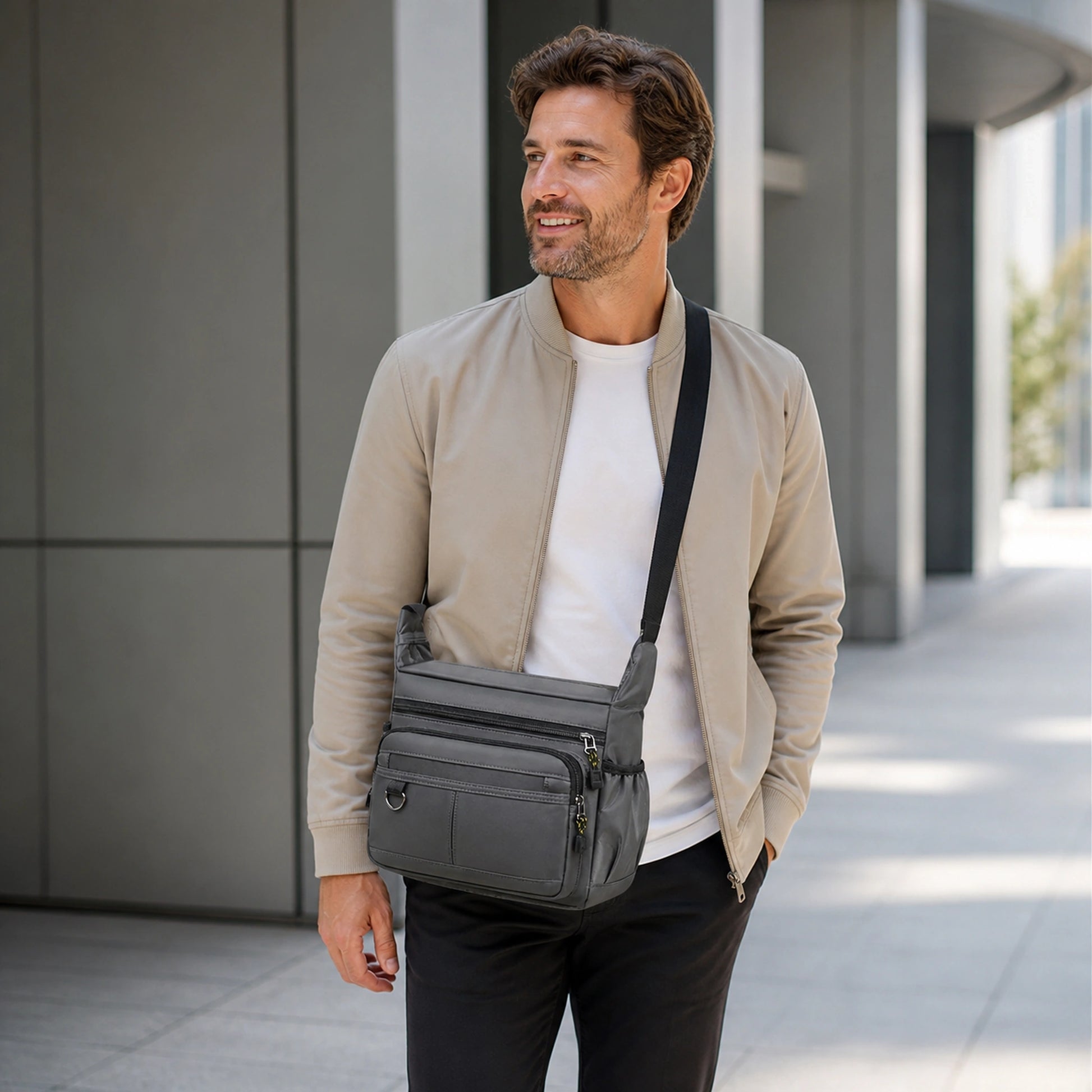Gray multipocket crossbody sling bag adult view — view 8
