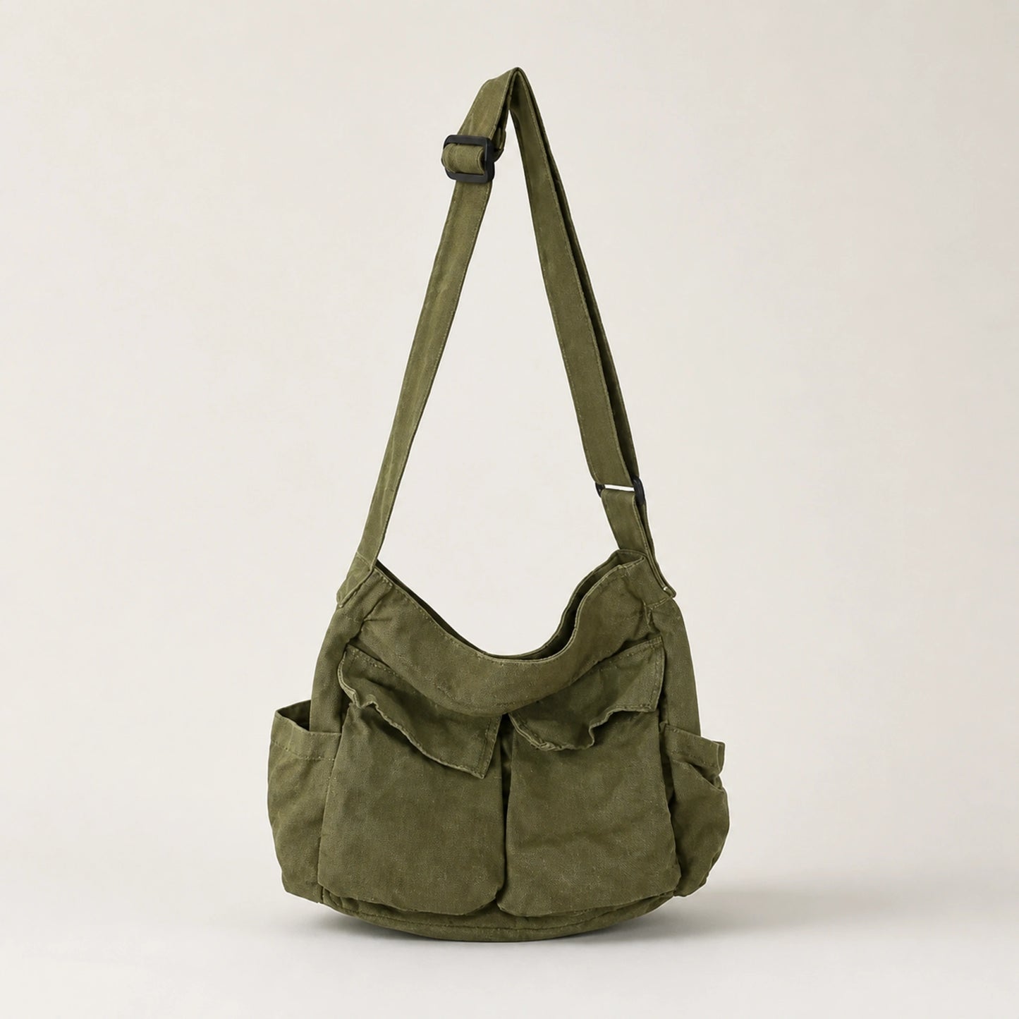 Olive Green vintage multi pocket canvas sling bag complete front view — view 2