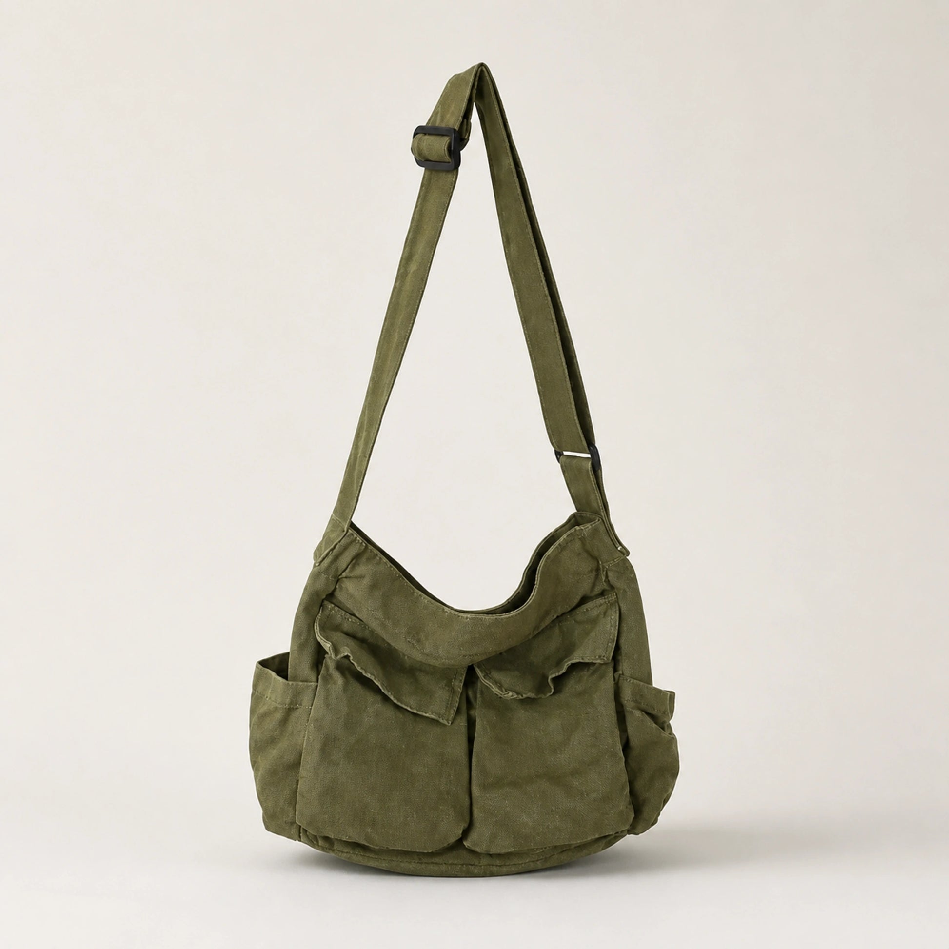 Olive Green vintage multi pocket canvas sling bag complete front view — view 2