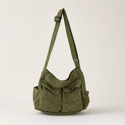 Olive Green vintage multi pocket canvas sling bag complete front view — view 2
