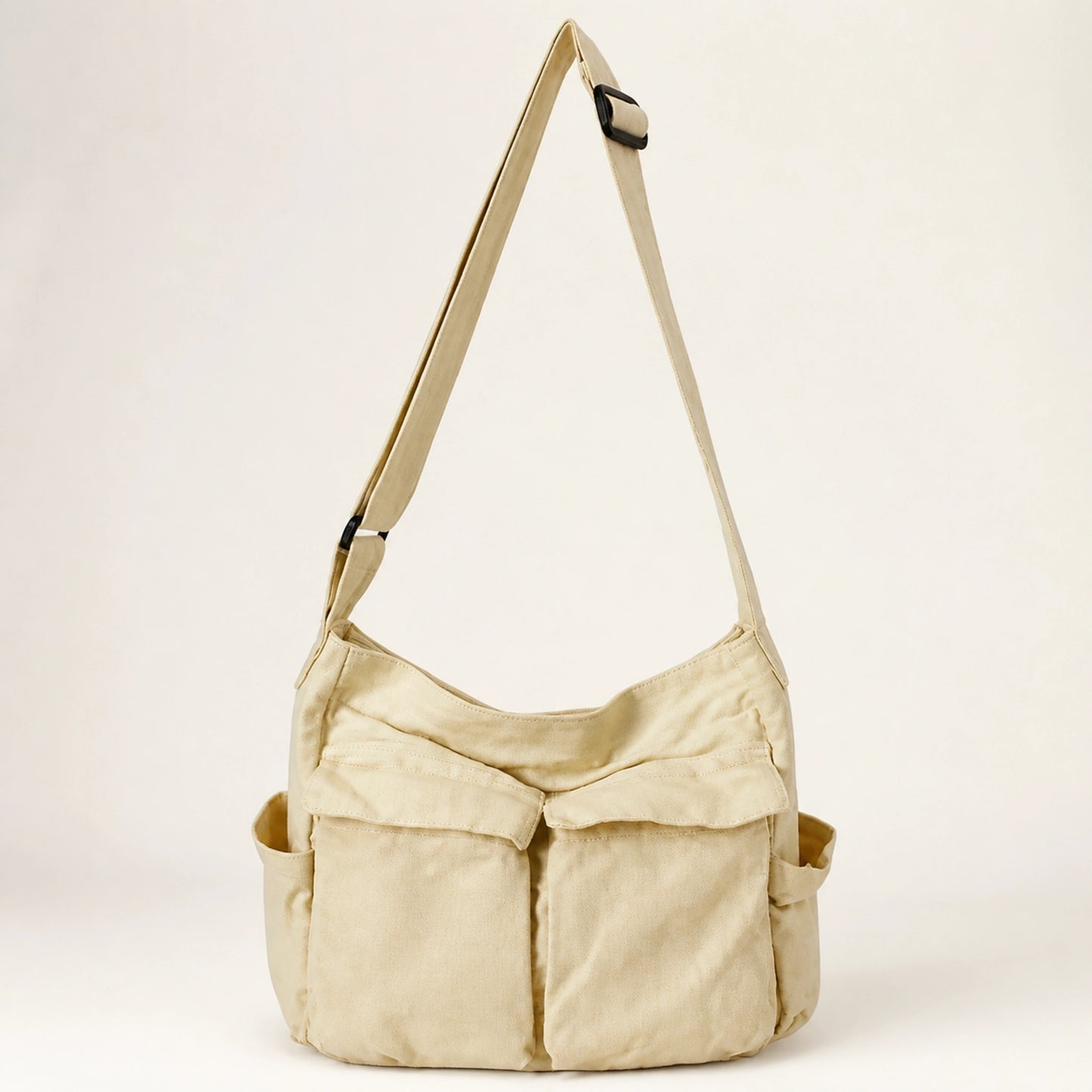 Beige vintage multi pocket canvas sling bag complete front view — view 3