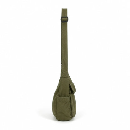 Olive Green vintage multi pocket canvas sling bag true side profile — view 5
