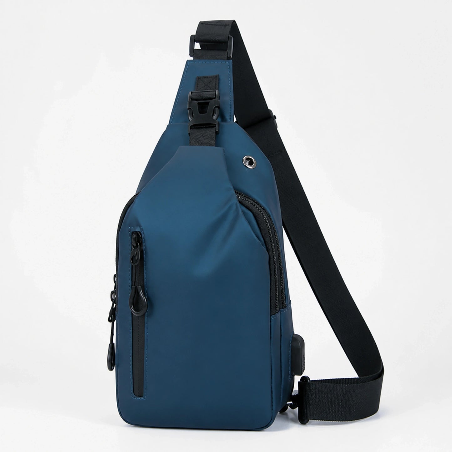 Blue Three Zipper sling bag complete front view — view 2