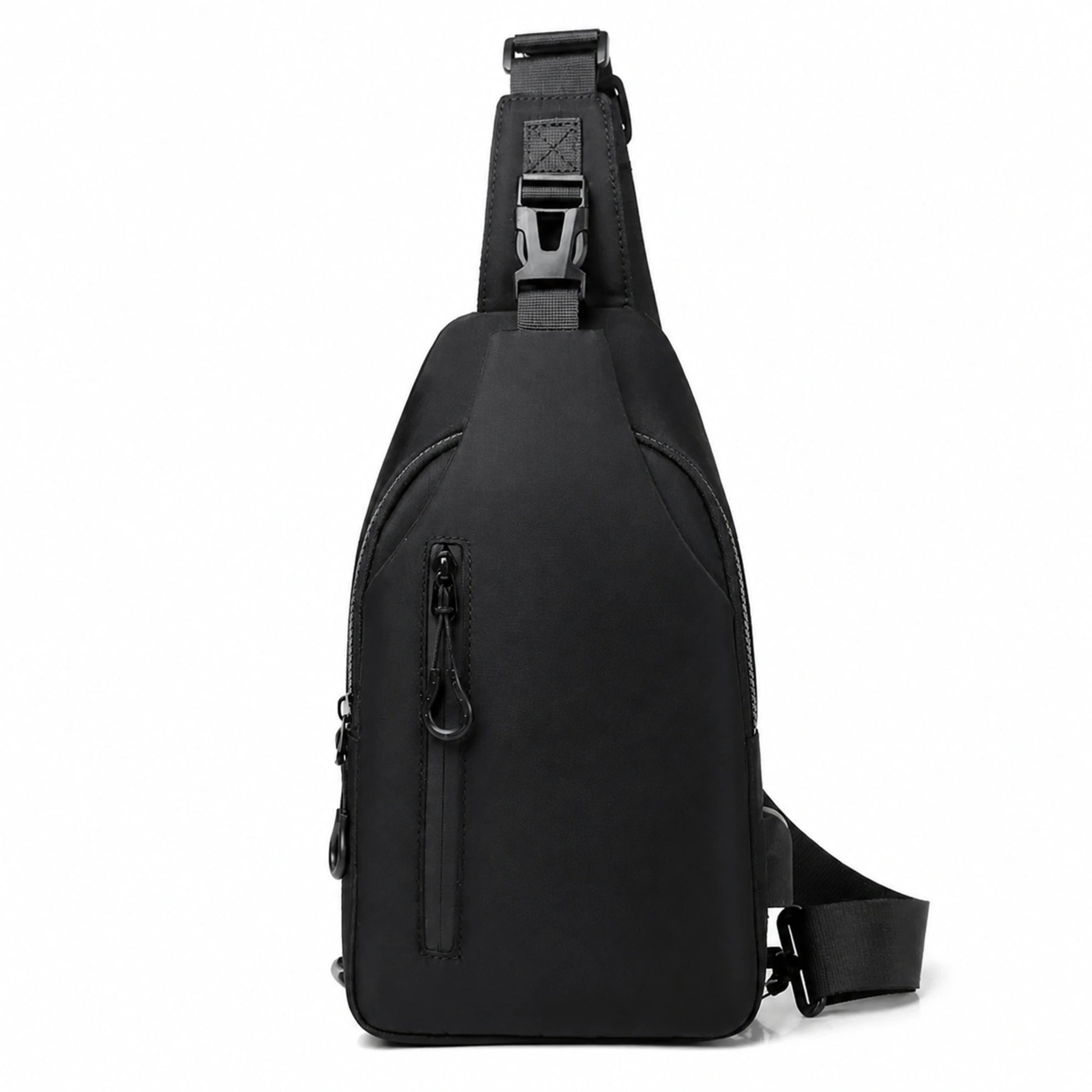 Black Two Zipper sling bag complete front view — view 5