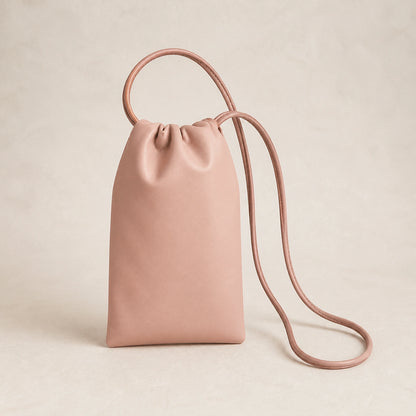 sling bag — Pink drawstring sling phone pouch complete front view — view 3
