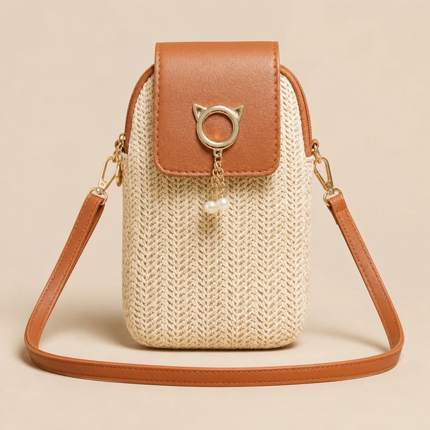 Brown Trim Phone Pouch sling bag complete front view — view 6
