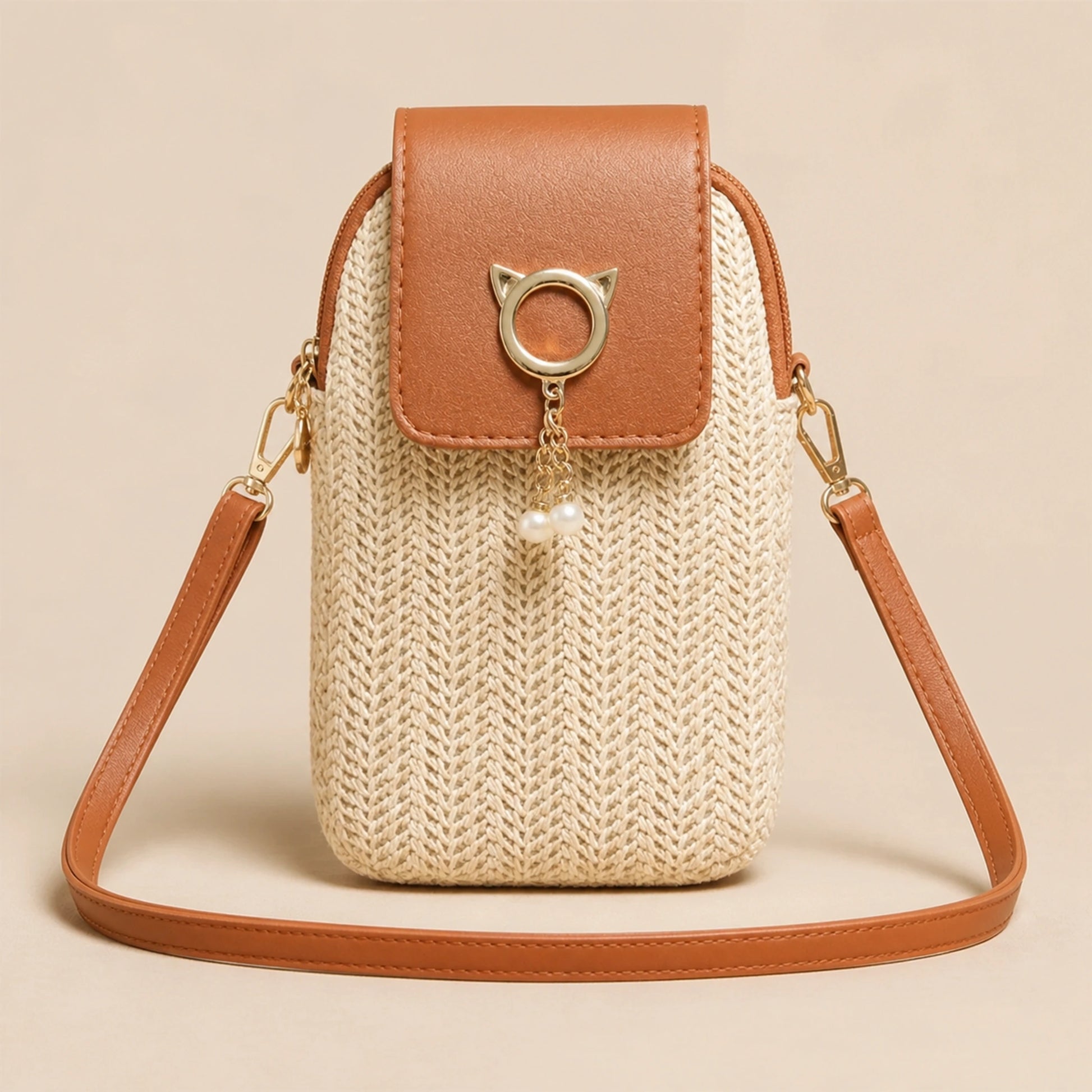 Brown Trim Phone Pouch sling bag complete front view — view 6