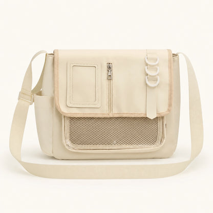 sling bag — Beige large nylon messenger display bag complete front view
