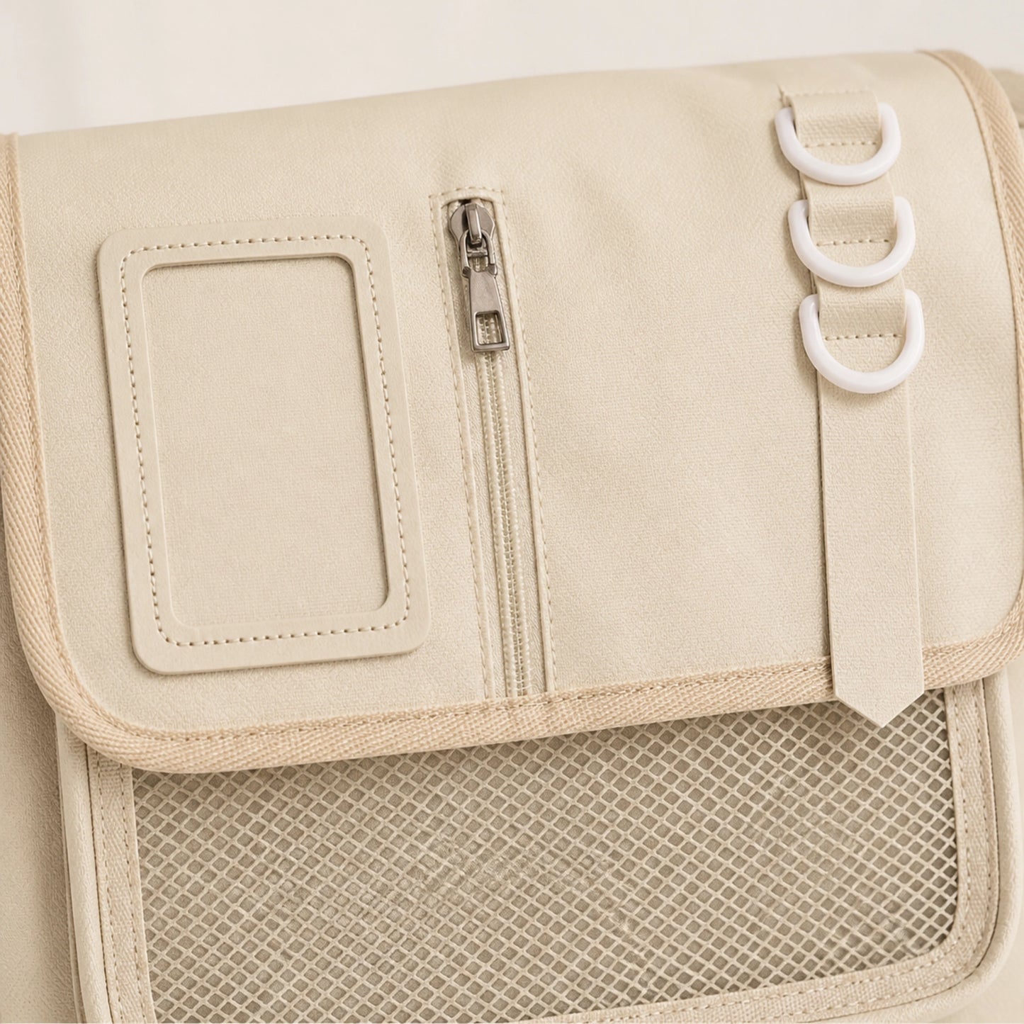 sling bag — Beige large nylon messenger display bag zipper mesh and stitching detail — view 11
