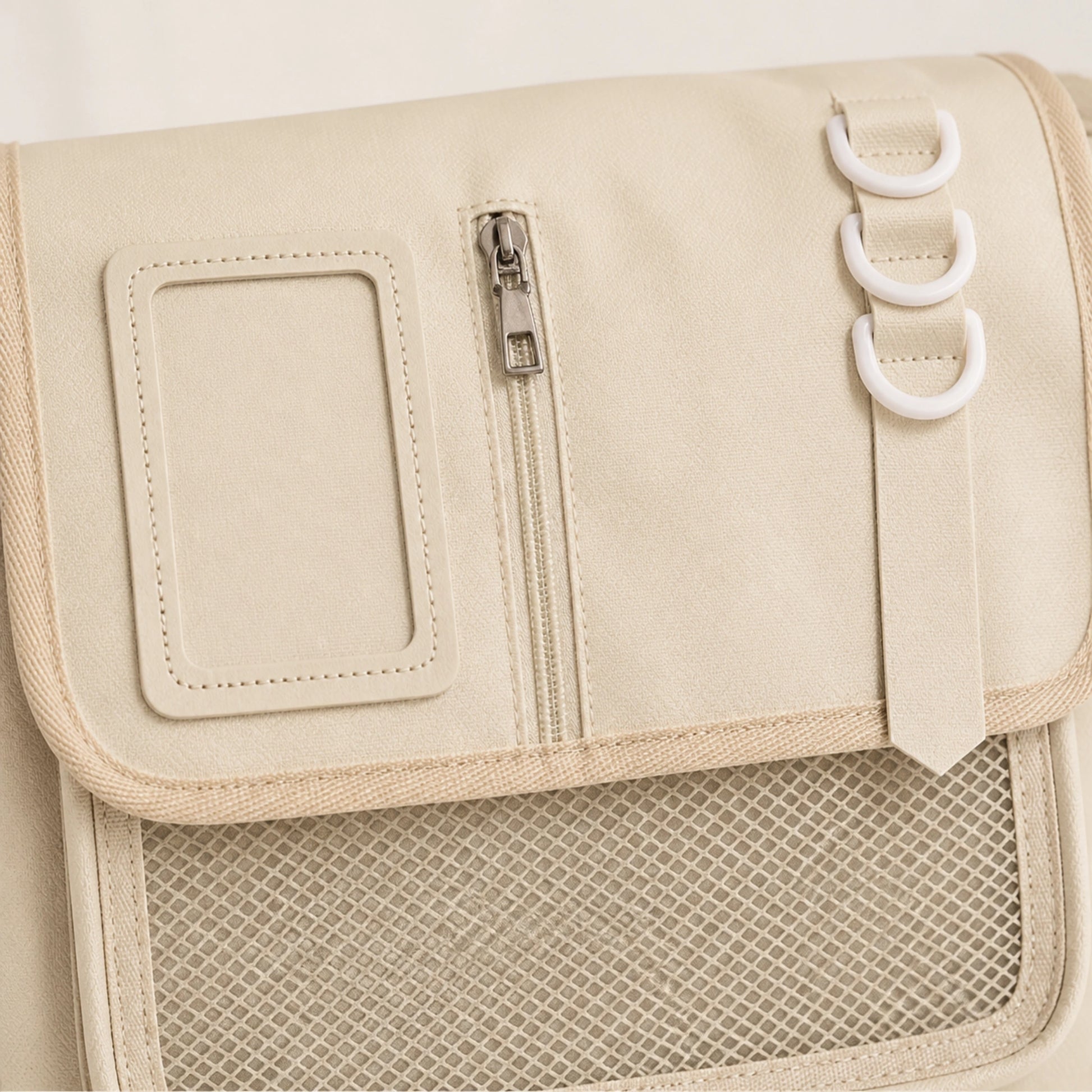 sling bag — Beige large nylon messenger display bag zipper mesh and stitching detail — view 11