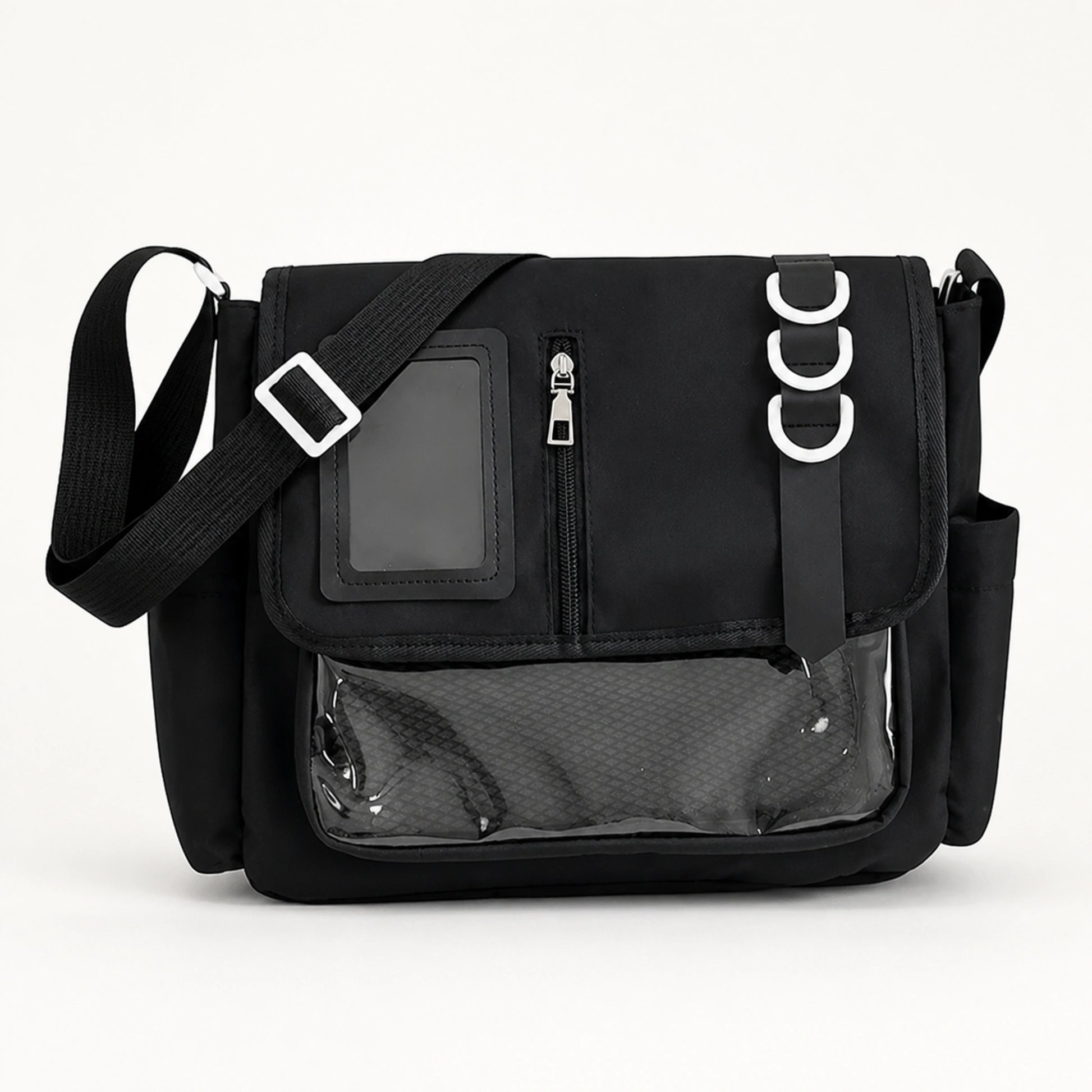 sling bag — Black large nylon messenger display bag complete front view — view 3