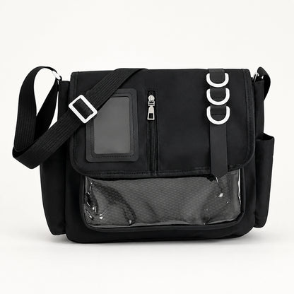 sling bag — Black large nylon messenger display bag complete front view — view 3