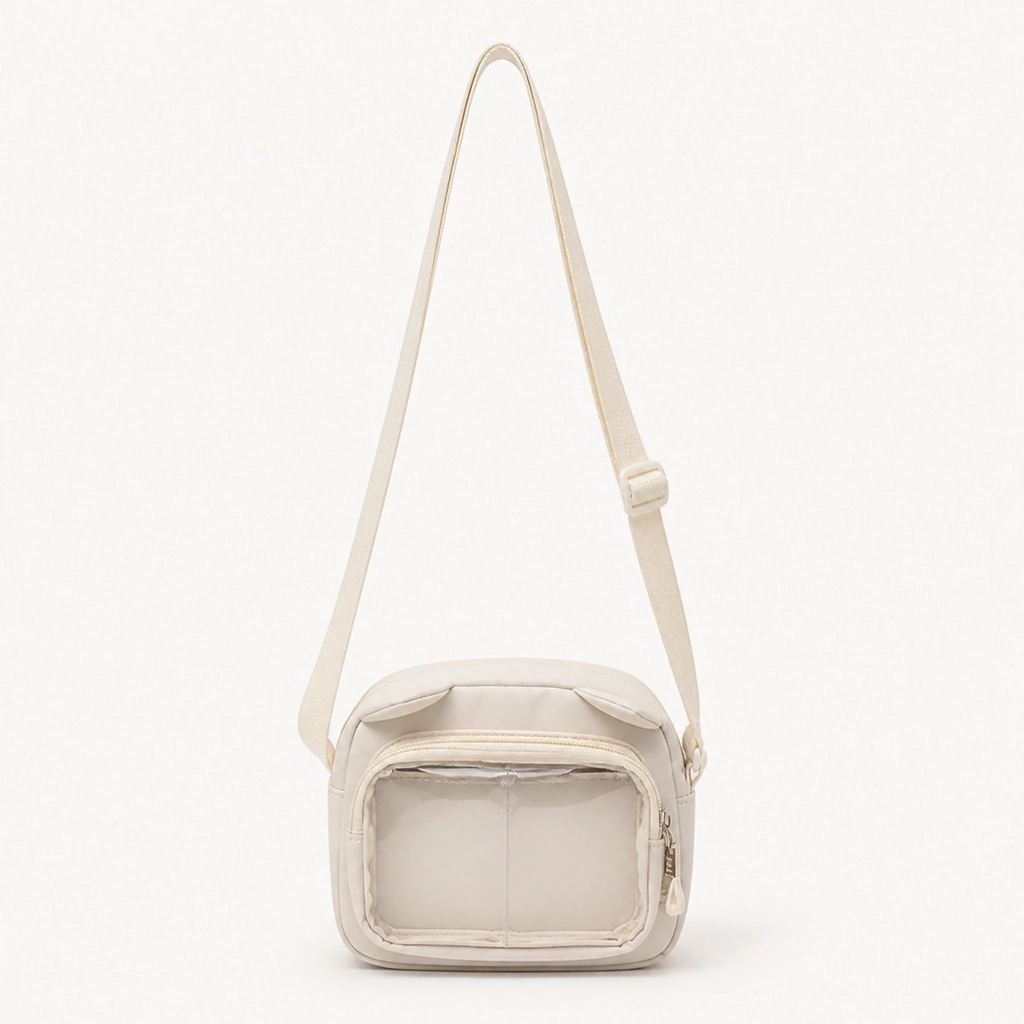 sling bag — Beige small clear window crossbody pouch complete front view — view 5
