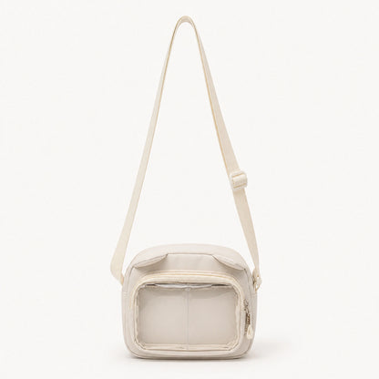 sling bag — Beige small clear window crossbody pouch complete front view — view 5