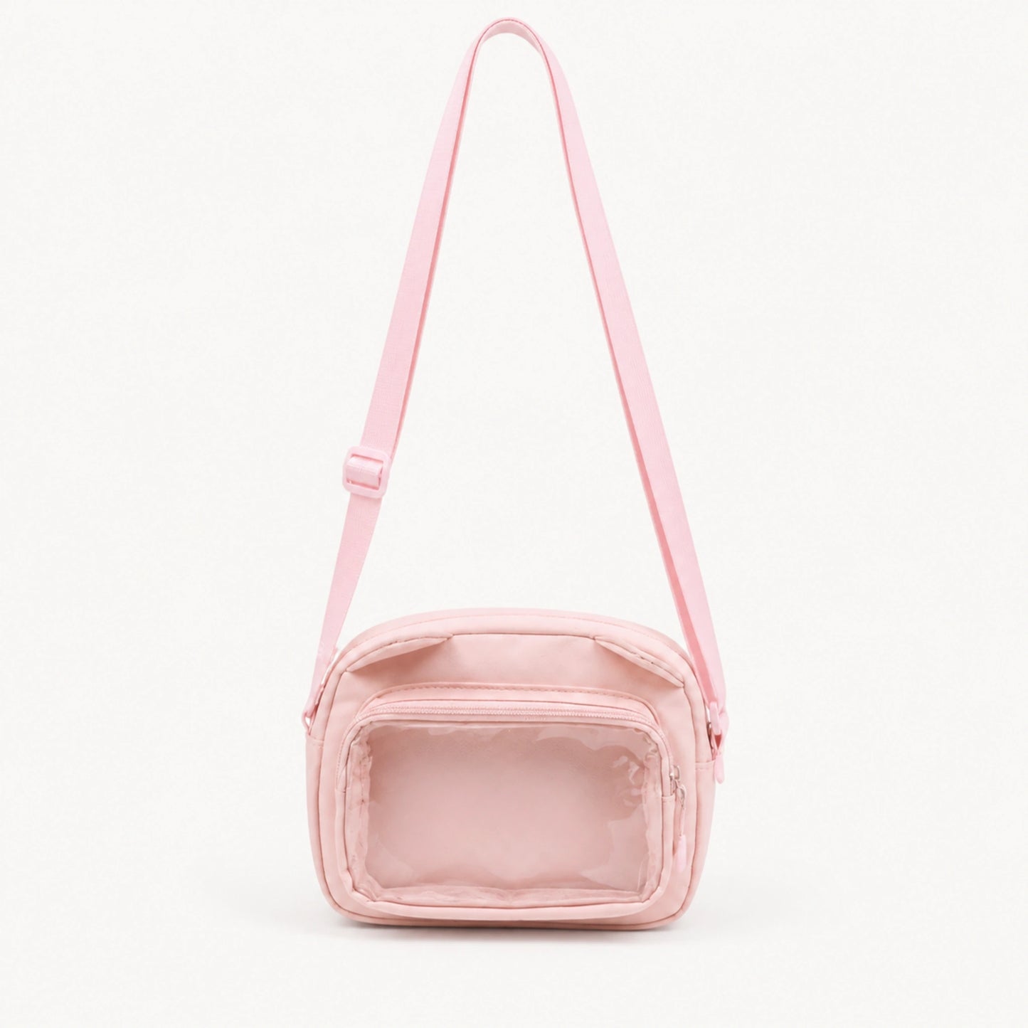 sling bag — Pink small clear window crossbody pouch complete front view — view 6