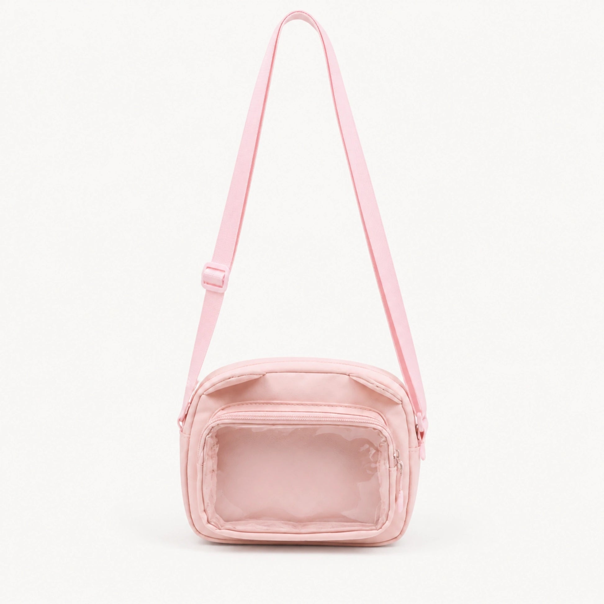sling bag — Pink small clear window crossbody pouch complete front view — view 6