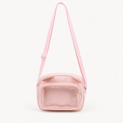 sling bag — Pink small clear window crossbody pouch complete front view — view 6