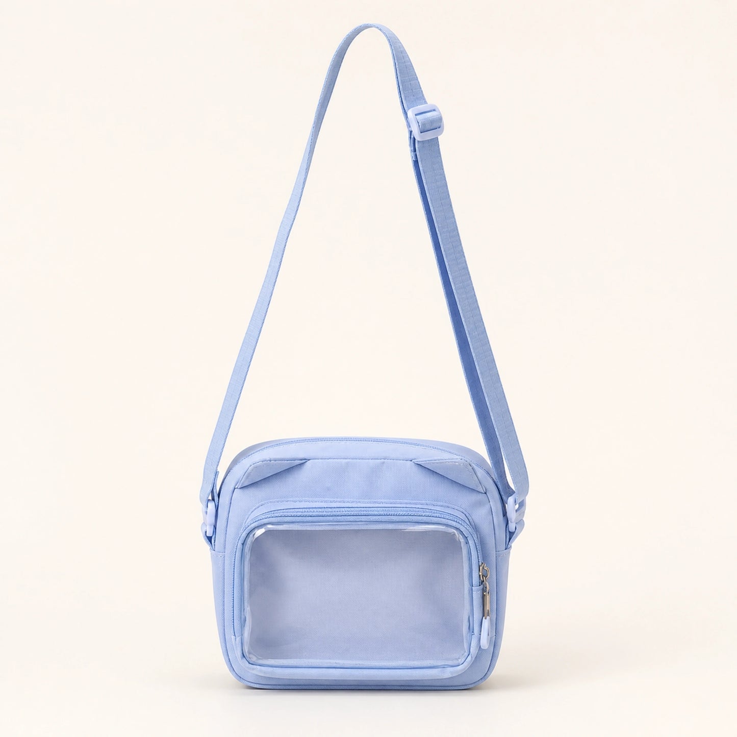 sling bag — Blue small clear window crossbody pouch complete front view — view 7