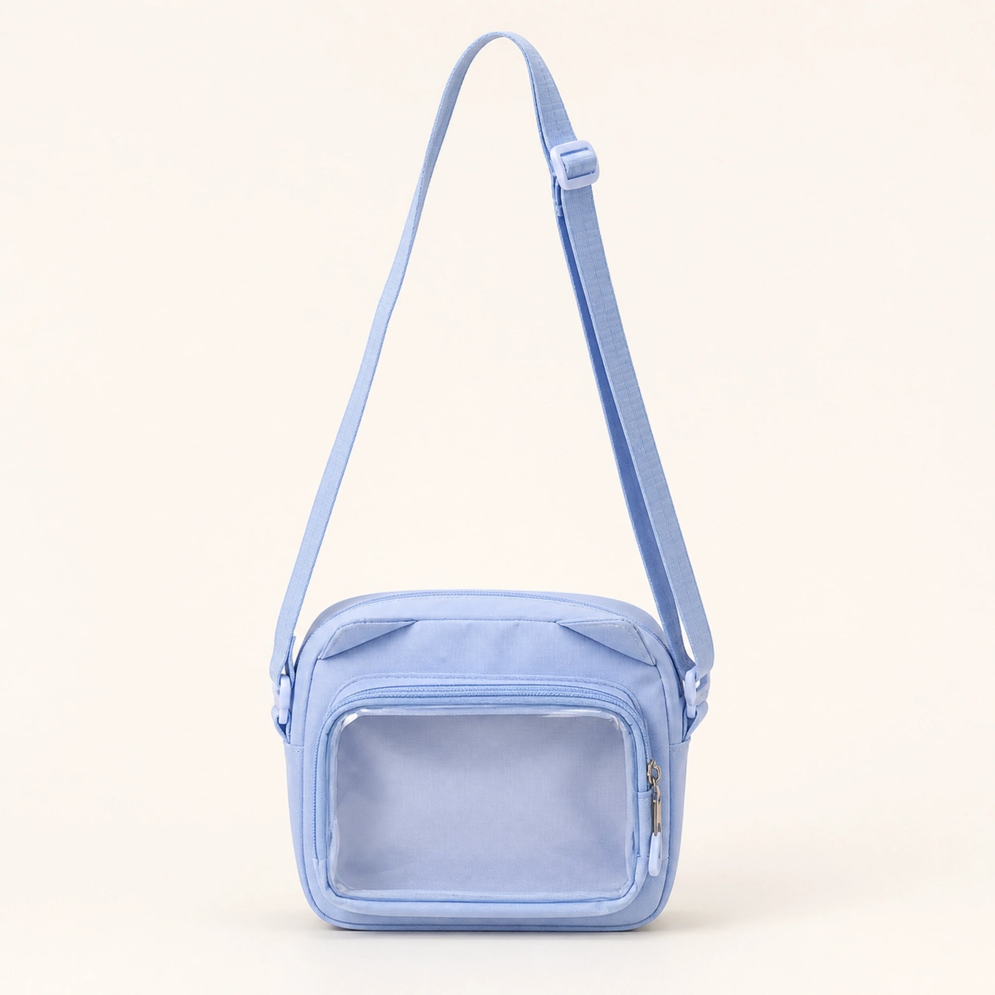 sling bag — Blue small clear window crossbody pouch complete front view — view 7
