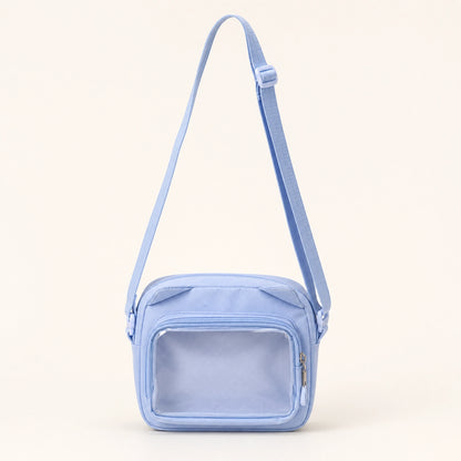 sling bag — Blue small clear window crossbody pouch complete front view — view 7
