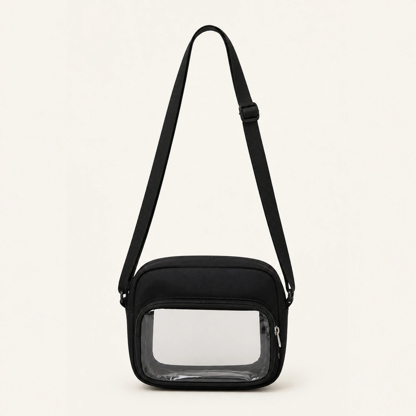sling bag — Black small clear window crossbody pouch complete front view — view 8