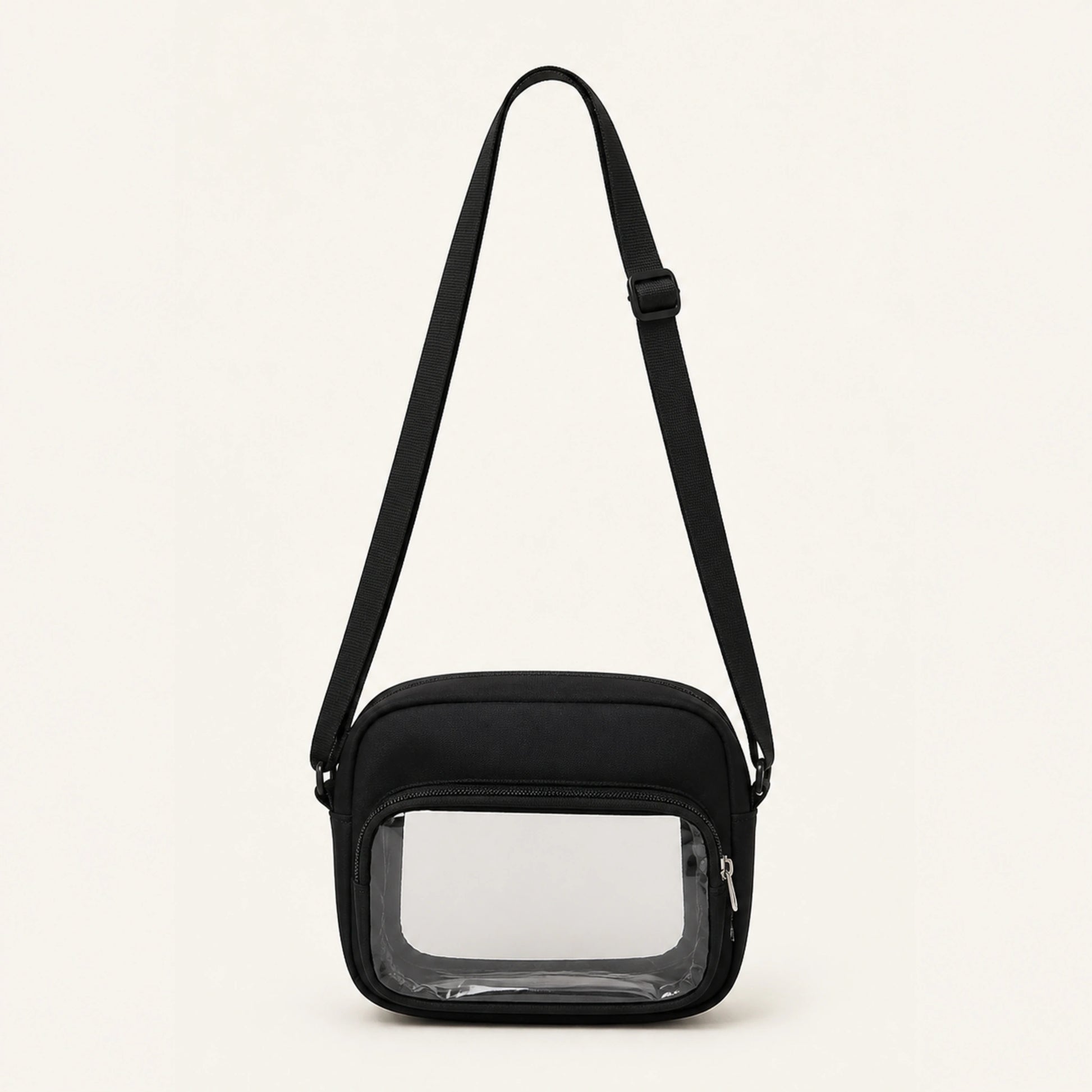 sling bag — Black small clear window crossbody pouch complete front view — view 8