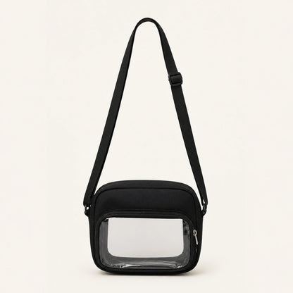 sling bag — Black small clear window crossbody pouch complete front view — view 8