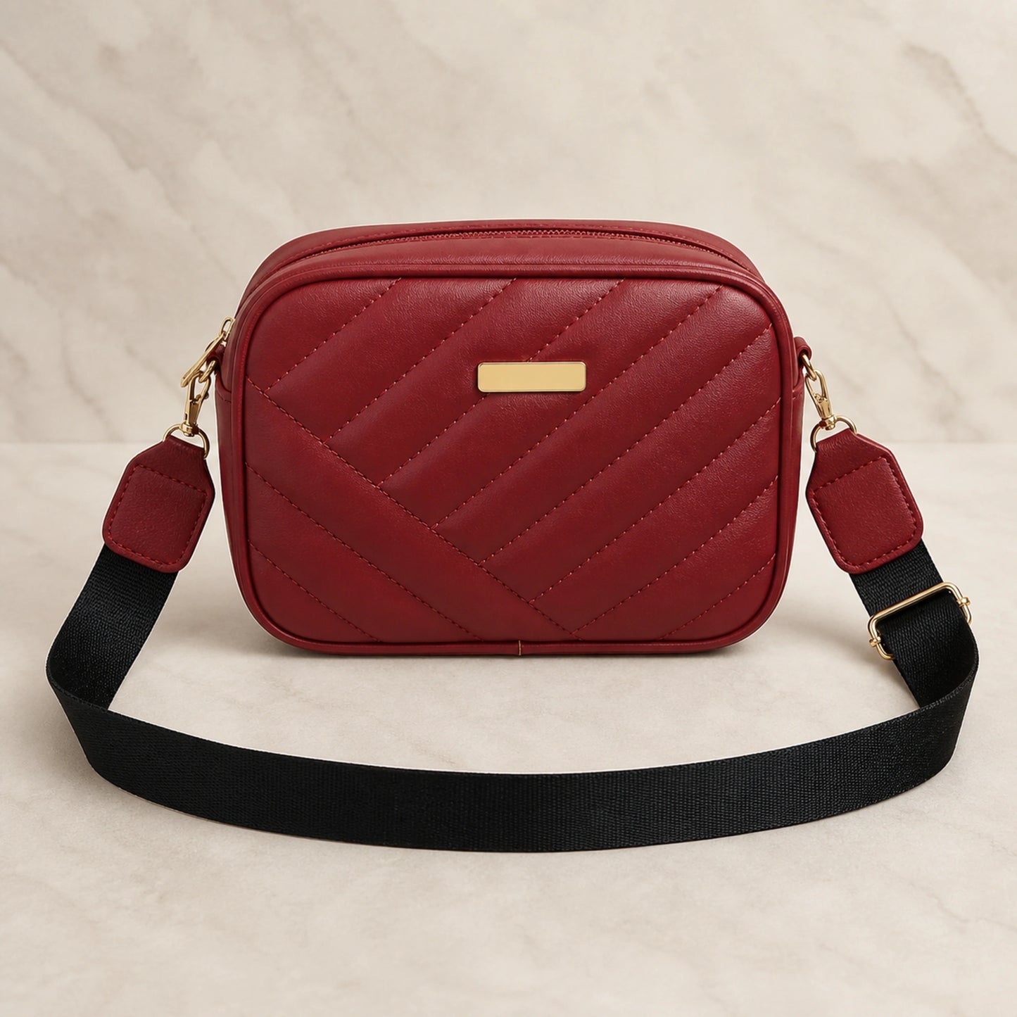 sling bag — Deep red quilted crossbody bag complete front view — view 3