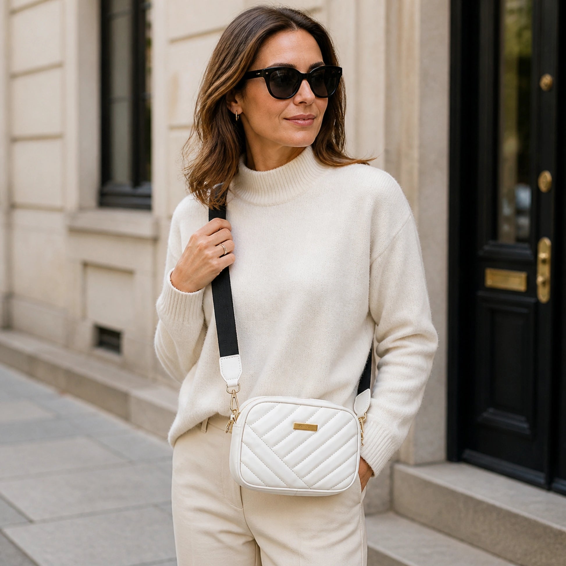 sling bag — Adult woman wearing white quilted crossbody bag — view 8