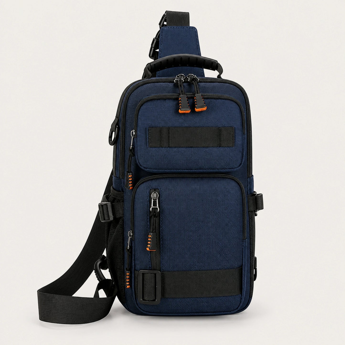 Blue sling bag complete front view