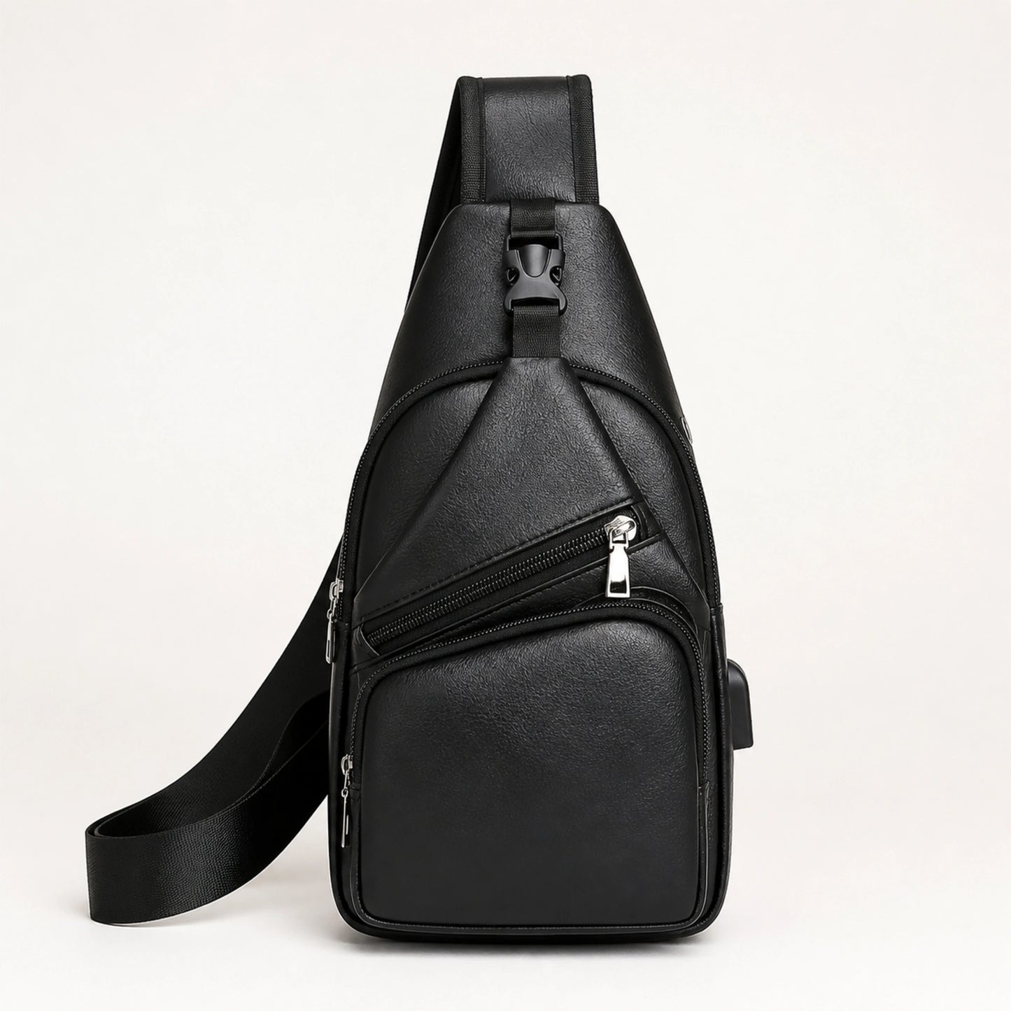 Black Pu leather chest sling bag complete front view